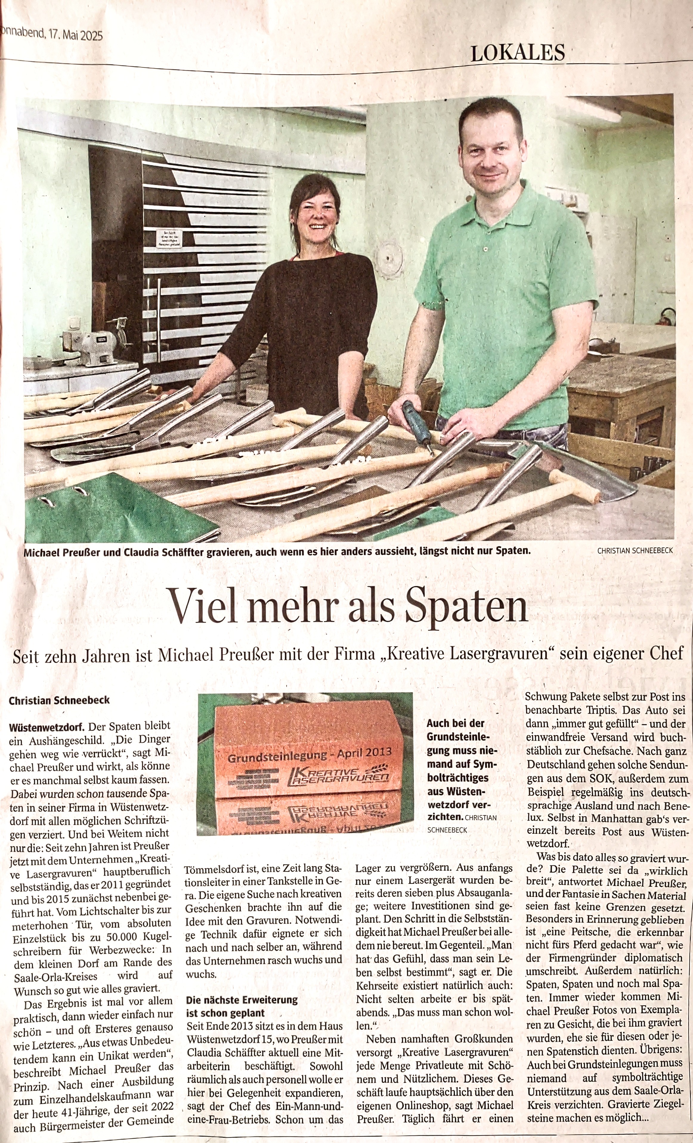 Presseartikel - Viel mehr als Spaten - 17.04.2025 - Kreative Lasergravuren Presseartikel - Viel mehr als Spaten - 17.04.2025 - Kreative Lasergravuren